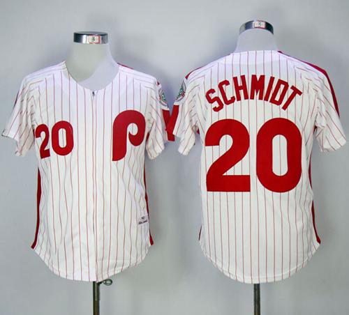 Mitchell and Ness 1983 Phillies #20 Mike Schmidt Stitched White Red Strip Throwback MLB Jersey - Click Image to Close